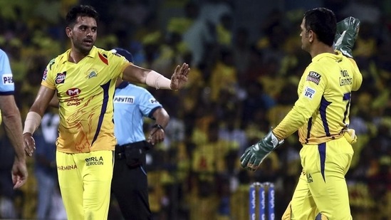 Deepak Chahar and MS Dhoni of Chennai Super Kings (AP)