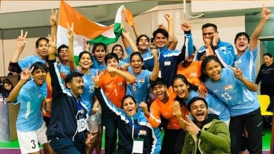 Indian team celebrates after winning a gold medal at the Asian Junior Girls Handball Championship in Almaty on Monday.&nbsp;(HFI)