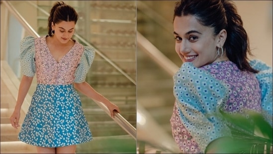 In another set of pictures, Taapsee Pannu was seen vibing in a playful yet stylish multi-coloured dress with puffed sleeves.(Instagram/@taapsee)