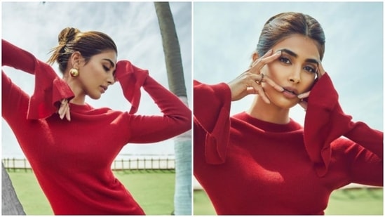 Pooja Hegde earlier promoted Radhe Shyam wearing a red warm bodycon dress with flared sleeves.&nbsp;(Instagram/@hedgepooja)