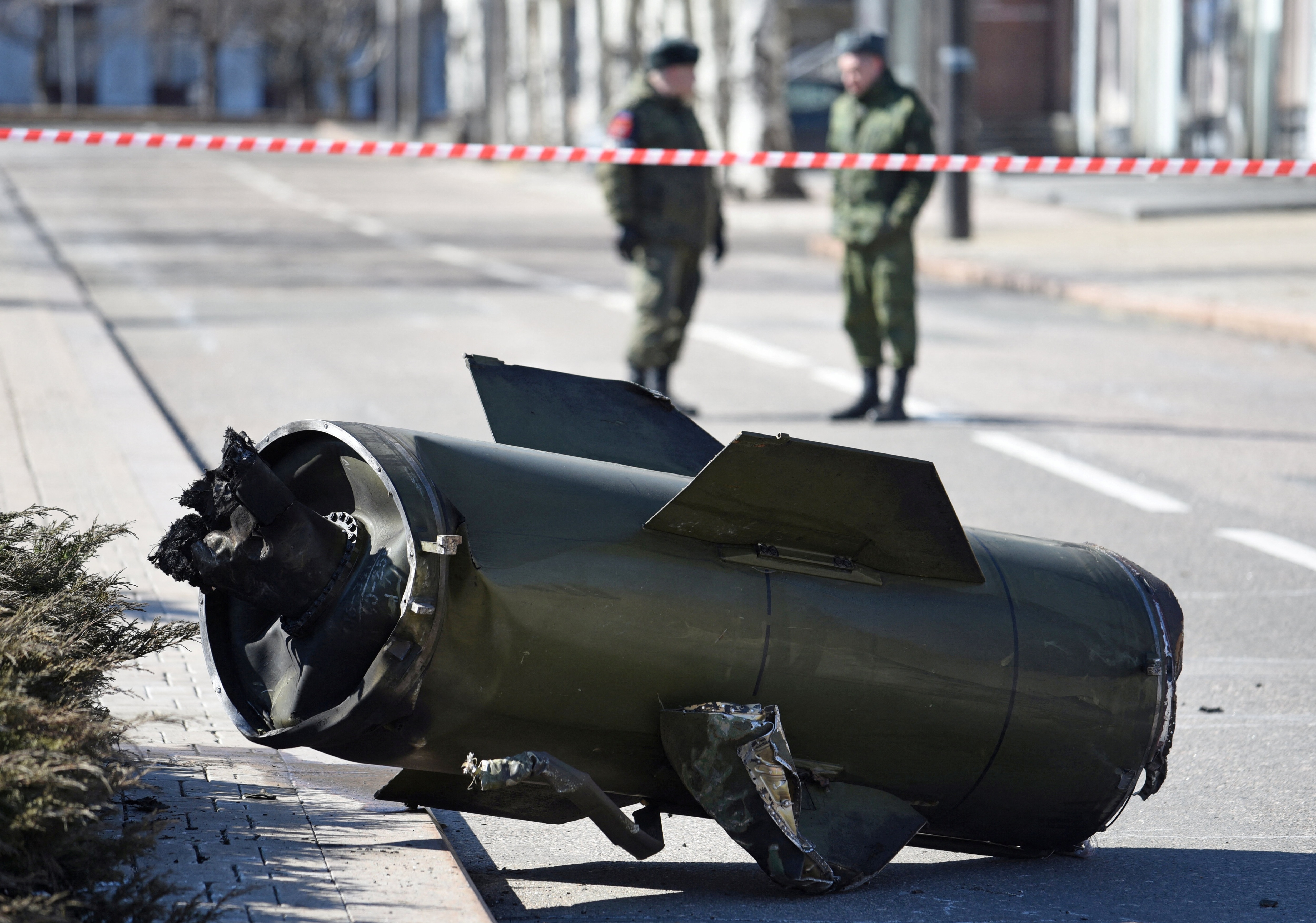 A fragment of a missile is seen in the street after shelling in the separatist-controlled city of Donetsk, Ukraine. (REUTERS)