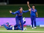 Sneh Rana celebrates after Richa Ghosh takes catch to dismiss Nashra Sandhu of Pakistan(AP) Sneh Rana celebrates after Richa Ghosh takes catch to dismiss Nashra Sandhu of Pakistan(AP)