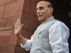 New Delhi: Union Defence Minister Rajnath Singh arrives to attend the second part of Budget Session, at Parliament House, in New Delhi, (PTI) New Delhi: Union Defence Minister Rajnath Singh arrives to attend the second part of Budget Session, at Parliament House, in New Delhi, (PTI)