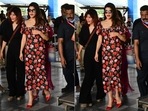 Actor Jacqueline Fernandez opts for statement wear red-coloured pointed toe heels for one of her promotional events.