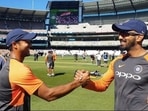 Mayank Agarwal shakes hands with KL Rahul Mayank Agarwal shakes hands with KL Rahul 