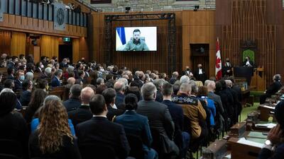 Ukrainian President Volodymyr Zelensky virtually addresses the Canadian Parliament, on March 15, 2022 in Ottawa. (Photo by Adrian Wyld / POOL / AFP) (AFP) Ukrainian President Volodymyr Zelensky virtually addresses the Canadian Parliament, on March 15, 2022 in Ottawa. (Photo by Adrian Wyld / POOL / AFP) (AFP)