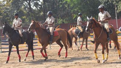 DGP Praveer Ranjan, with other senior officers, at the horse riding club at police lines in Chandigarh on Tuesday. (Keshav Singh /HT)