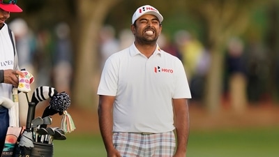 Anirban Lahiri reacts after missing a shot on the 18th hole during the final round of play in The Players Championship golf tournament (AP)