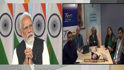 Prime Minister Narendra Modi interacts with embassy officials in Budapest (Twitter/ANI)