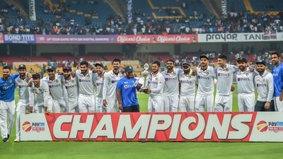 Indian players pose with the trophy after winning the series by 2-0 during the third day of 2nd test cricket match between India and Sri Lanka at Chinnaswamy Stadium, in Bengaluru, Monday (PTI) Indian players pose with the trophy after winning the series by 2-0 during the third day of 2nd test cricket match between India and Sri Lanka at Chinnaswamy Stadium, in Bengaluru, Monday (PTI)