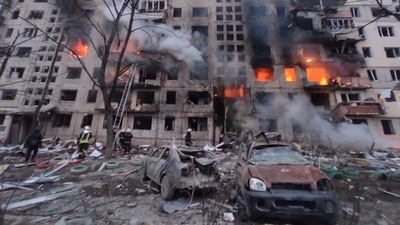 Firemen work to extinguish a fire in an apartment building hit by shelling in the Obolon district of Kyiv, Ukraine. (AFP PHOTO / State Emergency Service of Ukraine / handout) Firemen work to extinguish a fire in an apartment building hit by shelling in the Obolon district of Kyiv, Ukraine. (AFP PHOTO / State Emergency Service of Ukraine / handout)