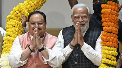 Prime Minister Narendra Modi and BJP president JP Nadda being felicitated during the BJP parliamentary party meeting at Ambedkar International Centre, in New Delhi on Tuesday. (ANI) Prime Minister Narendra Modi and BJP president JP Nadda being felicitated during the BJP parliamentary party meeting at Ambedkar International Centre, in New Delhi on Tuesday. (ANI)
