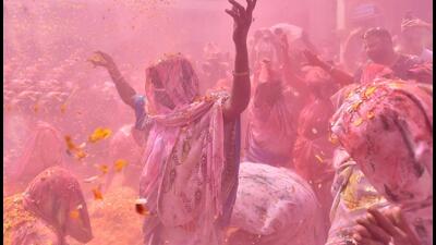 Widows participate in Holi celebrations in, Vrindavan, Uttar Pradesh, India, on Tuesday. (Raj K Raj/HT Photo)