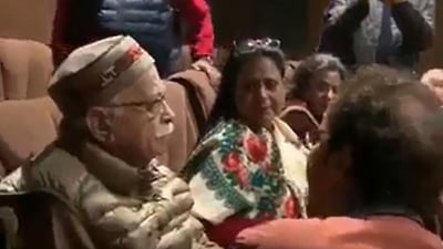 A screengrab from a video going viral that shows LK Advani holding back tears while sitting in a theatre. A screengrab from a video going viral that shows LK Advani holding back tears while sitting in a theatre. 