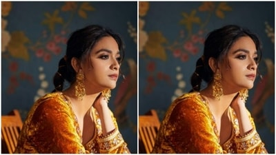 In gold jhumkas from the house of Amrapali Jewels, Keerthy aced the ethnic look to perfection. She wore her tresses into a clean braid and decorated it with golden threads. (Instagram/@keerthysureshofficial)