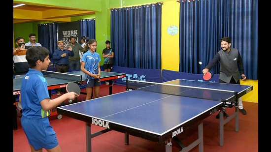 Union minister Anurag Thakur during the inauguration of the Khelo India Residential Academy for Weightlifting and Table Tennis at Rainbow International School, Nagrota Bagwan of Kangra district. (ANI)