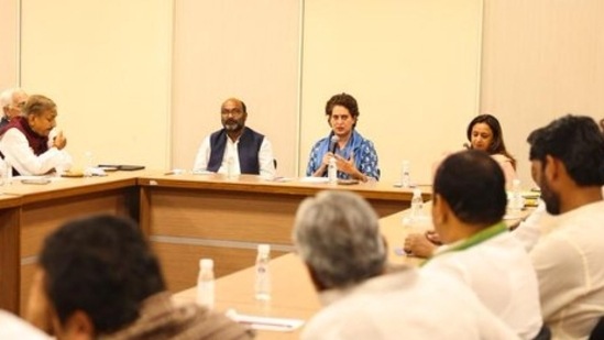 Congress general secretary Priyanka Gandhi Vadra chairs review meeting on Uttar Pradesh elections in New Delhi(Twitter/UP Congress)