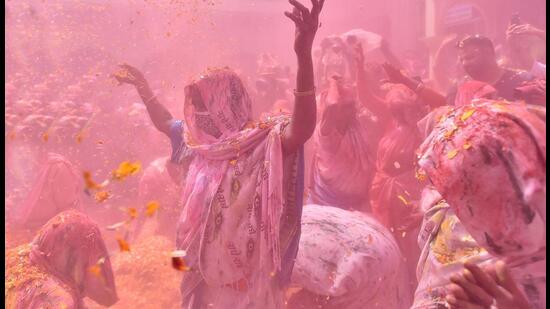 Widows participate in Holi celebrations in, Vrindavan, Uttar Pradesh, India, on Tuesday. (Raj K Raj/HT Photo)