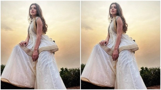 Sonnalli’s kurta came with pleat details at the waist and golden borders. Her sharara came with wide legs and a comfy summer look.(Instagram/@sonnalliseygall)