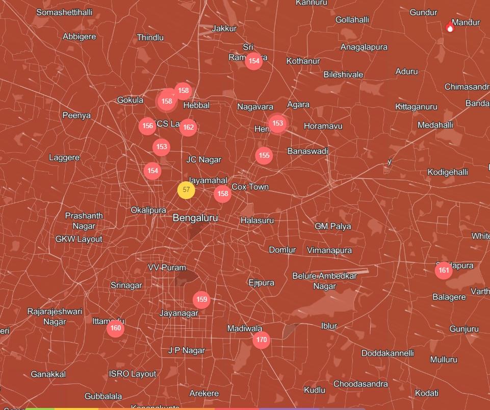 Many localities in Bengaluru face an unhealthy level air quality on Tuesday