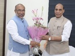 Acting Manipur CM N Biren Singh calls on defence minister Rajnath Singh in Delhi on Wednesday. (Twitter) Acting Manipur CM N Biren Singh calls on defence minister Rajnath Singh in Delhi on Wednesday. (Twitter)