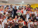 BFI President Ajay Singh (centre) with boxers who won medal at Asian Youth and Junior Boxing Championships held in Jordan.