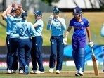 England celebrate the wicket of Yastika Bhatia.(AP)