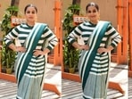 Actor Vidya Balan was spotted wearing a saree with a rather eye-catching print.