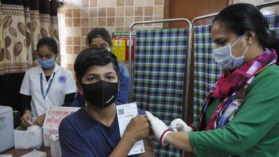 A boy in the 12-15 age group getting the first dose of Corbevax vaccine at the Sector 45 government hospital in Chandigarh on Wednesday. The second dose should be 28 days apart. (Keshav Singh/HT)