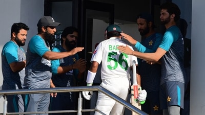 Babar Azam enters the pavillon after his dismissal on Day 5 of the Karachi Test (AFP) Babar Azam enters the pavillon after his dismissal on Day 5 of the Karachi Test (AFP)