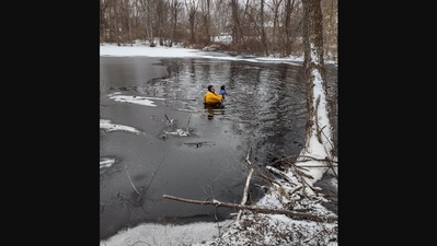 The image, posted on Facebook, shows a responder standing in the icy waters of the pond while rescuing the dog. (Facebook/@shaesfire)