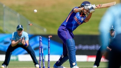 Yastika Bhatia of India is bowled by England's Katherine Brunt during the women's world cup cricket match between England and India at Bay Oval, Mt Maunganui. (AP) Yastika Bhatia of India is bowled by England's Katherine Brunt during the women's world cup cricket match between England and India at Bay Oval, Mt Maunganui. (AP)