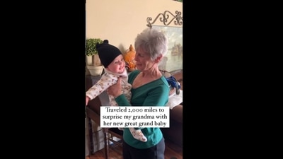 A screengrab of the video of a woman meeting her great granddaughter for the first time.&nbsp; (grace_deyoung75/Instagram )