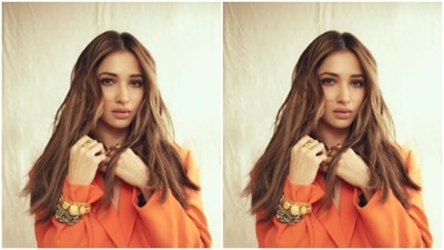 In orange stilettos, Tamannaah posed against a white backdrop and looked every bit gorgeous. (Instagram/@tamannaahspeaks)