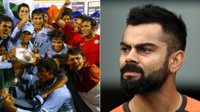 Virat Kohli's young Indian team celebrate the 2008 Under-19 World Cup win (R). &nbsp; (Getty Images)