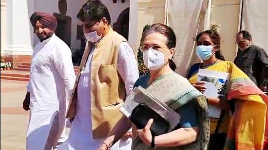 Congress president Sonia Gandhi leaves after a meeting with party MPs from Punjab, in New Delhi on Wednesday. (ANI)