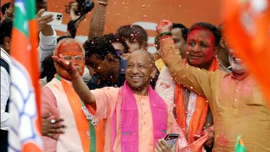 Uttar Pradesh chief minister Yogi Adityanath during the celebration of the BJP’s victory at the party’s state headquarters in Lucknow on March 10. (FILE PHOTO)