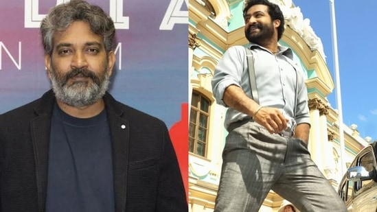SS Rajamouli (left) talks about shooting a portion of RRR in Ukraine and (right) Jr NTR in a still from Naatu Naatu song, which was shot in the country.