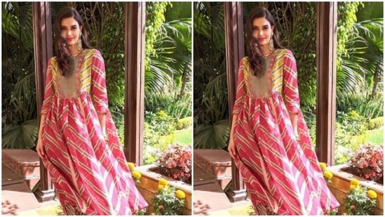 Diana paired a pink and gold kurta with intricate multicoloured prints with a pair of pink and gold printed cotton trousers with wide legs.(Instagram/@dianapenty)