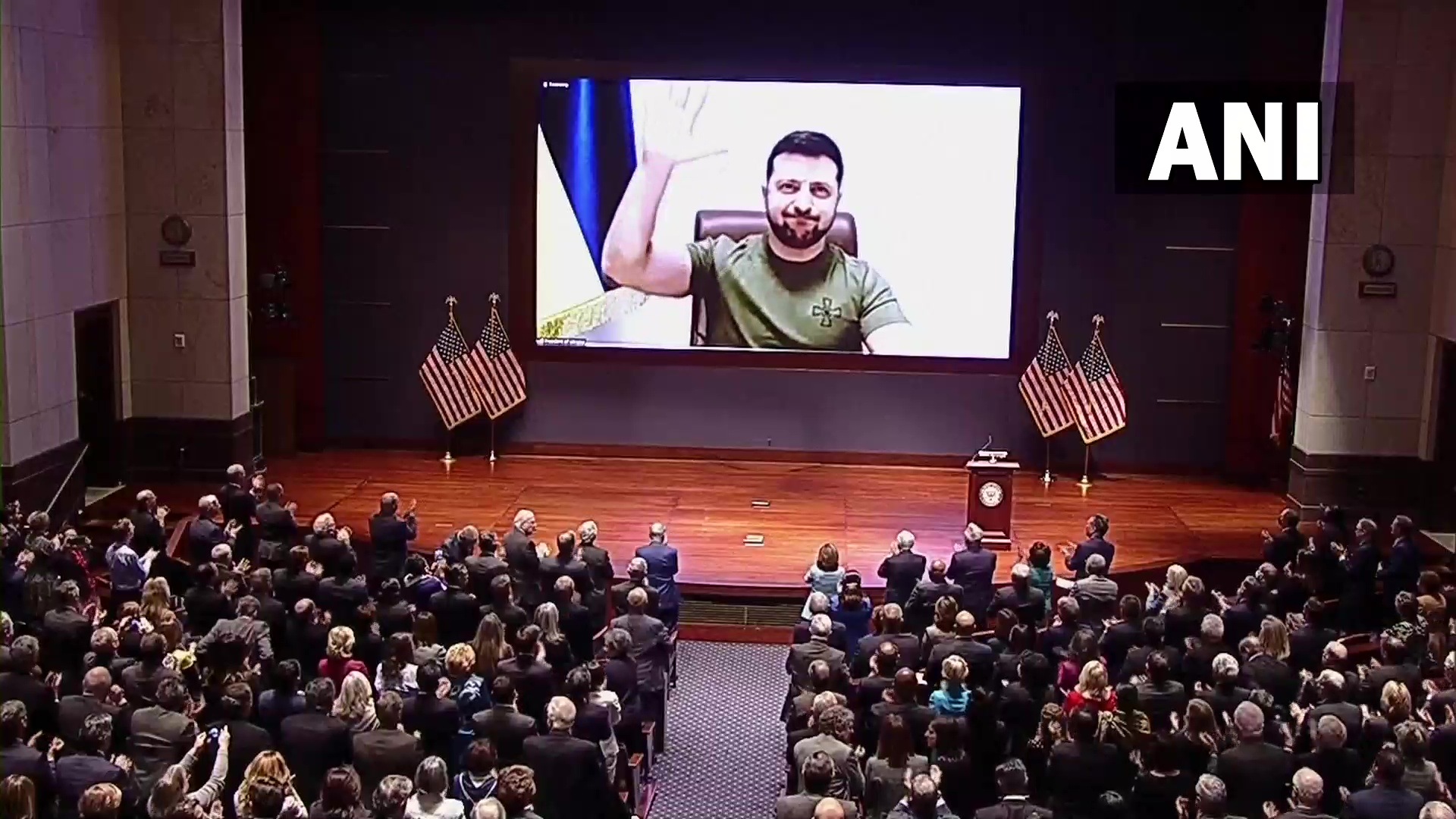 Ukraine President Volodymyr Zelenskyy receives a standing ovation during his address to US Congress on Wednesday. (ANI)