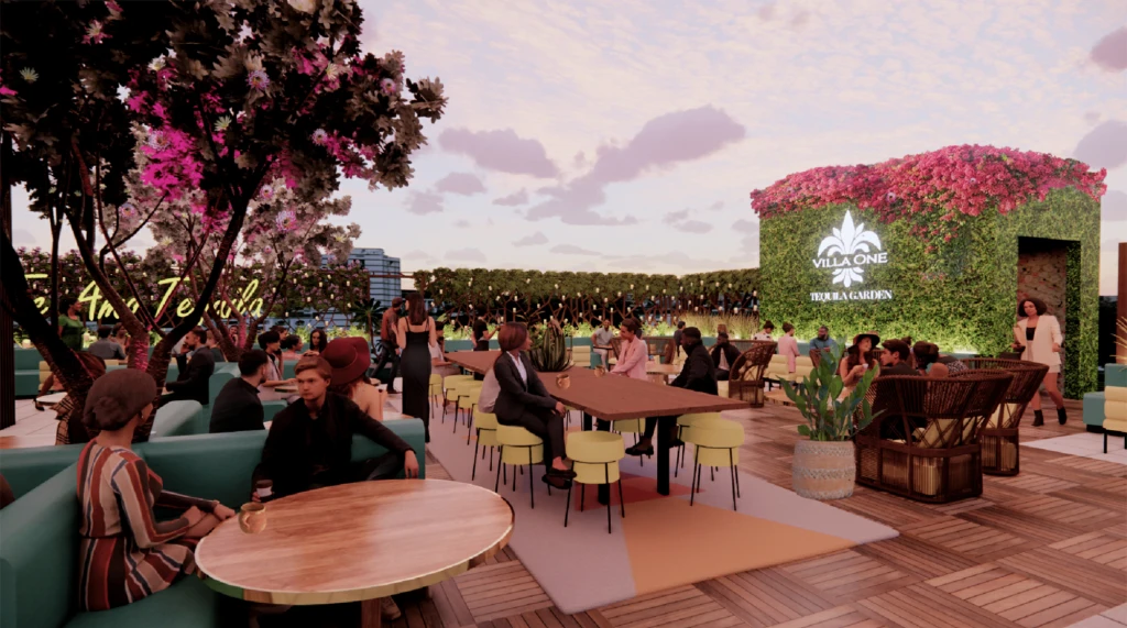The rooftop venue will include communal tables as well as firepits.