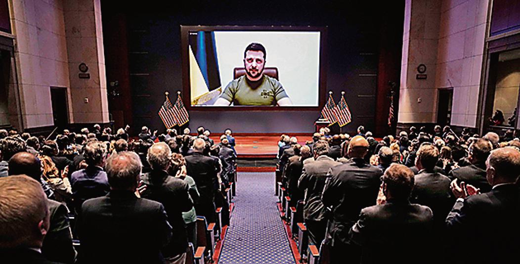 Ukrainian President Volodymyr Zelensky delivers a virtual address to Congress at the US Capitol on March 16, 2022 in Washington, DC. (Drew Angerer/Getty Images/AFP) Ukrainian President Volodymyr Zelensky delivers a virtual address to Congress at the US Capitol on March 16, 2022 in Washington, DC. (Drew Angerer/Getty Images/AFP)