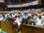 Punjab chief minister Bhagwant Mann looking on as MLAs were administered the oath by protem speaker Dr Inderbir Singh Nijjar at the Vidhan Sabha on Thursday. (Ravi Kumar/HT)