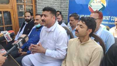 Members of the All Jammu and Kashmir Panchayat Conference during a press conference in Jammu on Thursday. (HT Photo) Members of the All Jammu and Kashmir Panchayat Conference during a press conference in Jammu on Thursday. (HT Photo)