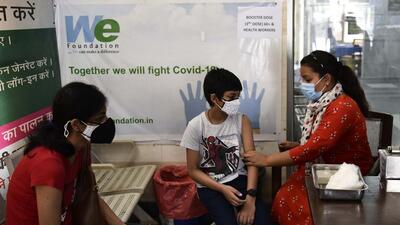 Gurugram, India - March 17, 2022: A child in the age group of 12 to 15 years being inoculated with a dose of Corbevax, at UPHC Sector 31, in Gurugram, India, on Thursday, March 17, 2022. (Photo by Vipin Kumar/ Hindustan Times) (Vipin Kumar/HT PHOTO) Gurugram, India - March 17, 2022: A child in the age group of 12 to 15 years being inoculated with a dose of Corbevax, at UPHC Sector 31, in Gurugram, India, on Thursday, March 17, 2022. (Photo by Vipin Kumar/ Hindustan Times) (Vipin Kumar/HT PHOTO)
