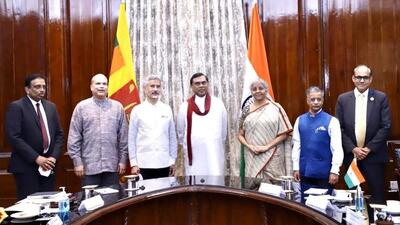Visiting Sri Lankan finance minister Basil Rajapaksa, his Indian counterpart Nirmala Sitharaman and external affairs minister S Jaishankar witnessed the signing of the agreement for the concessional loan extended by the Indian government through the State Bank of India. (TWITTER/@DrSJaishankar.)
