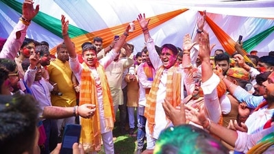 Bharatiya Janata Party (BJP) Yuva Morcha National President Tejasvi Surya with party members during Holi celebrations at his residence in New Delhi. (ANI) Bharatiya Janata Party (BJP) Yuva Morcha National President Tejasvi Surya with party members during Holi celebrations at his residence in New Delhi. (ANI)