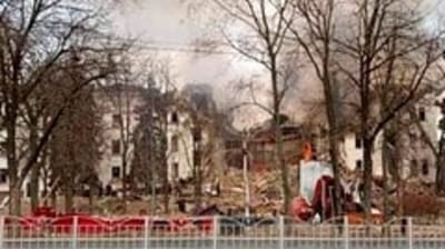 This photo released by Donetsk Regional Civil-Military Administration Council on Wednesday, March 16, 2022 shows the Drama Theatre, damaged after shelling, in Mariupol, Ukraine. (Donetsk Regional Civil-Military Administration Council via AP) (AP)