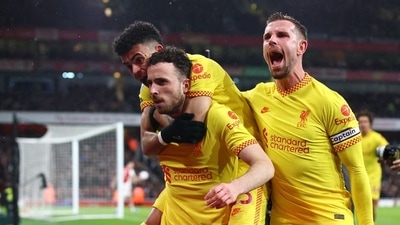 Liverpool's Diogo Jota celebrates scoring their first goal with Luis Diaz and Jordan Henderson. (REUTERS)