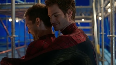 Andrew Garfield and Tobey Maguire in Spider-Man: No Way Home.